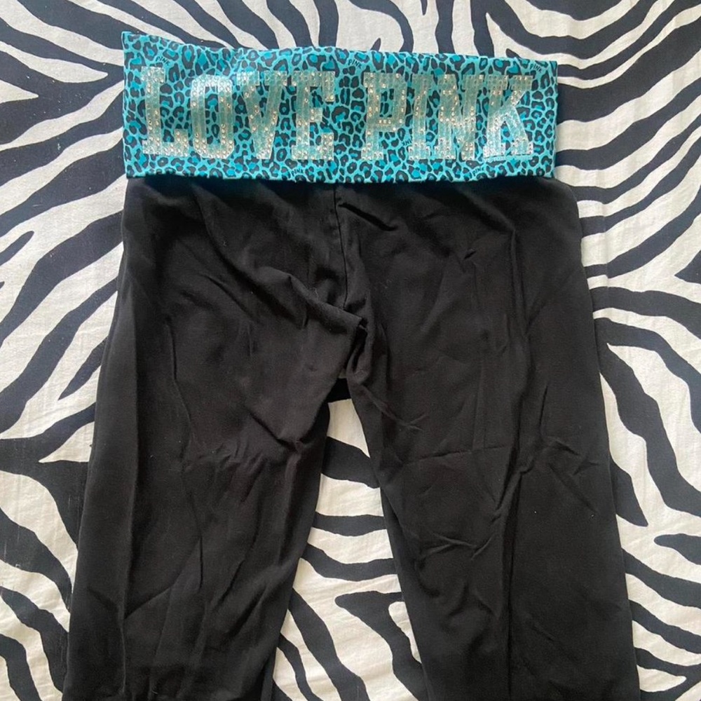 PINK Victoria's Secret Black Leggings with Blue Leopard Waistband